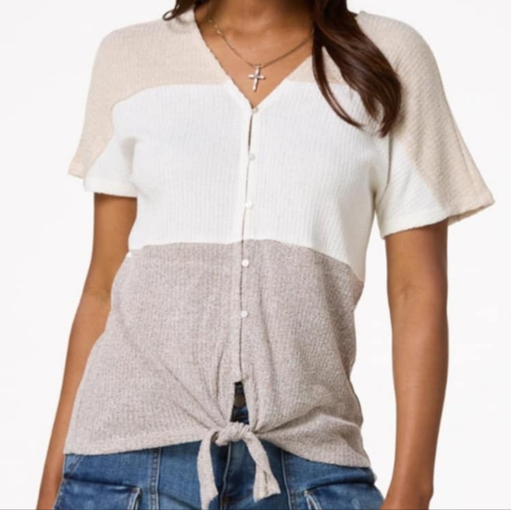 Beige Colorblock Button-Down Top - image 1